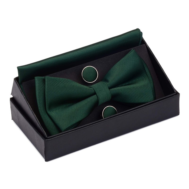 GUSLESON Dark Green Pre-tied Bow Tie Solid Bow Ties Adjustable Length Bowtie and Pocket Square Cufflink Sets (0577-02) - Image 2